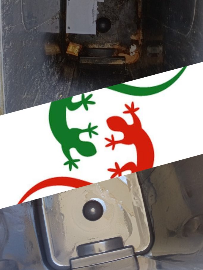 Photo montrant une poubelle sale avant nettoyage et désinfection, suivie d’un conteneur propre après intervention.
